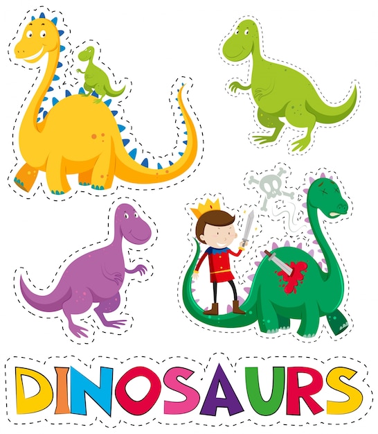 Dinosaurios y príncipe en diseño de la etiqueta engomada | Descargar