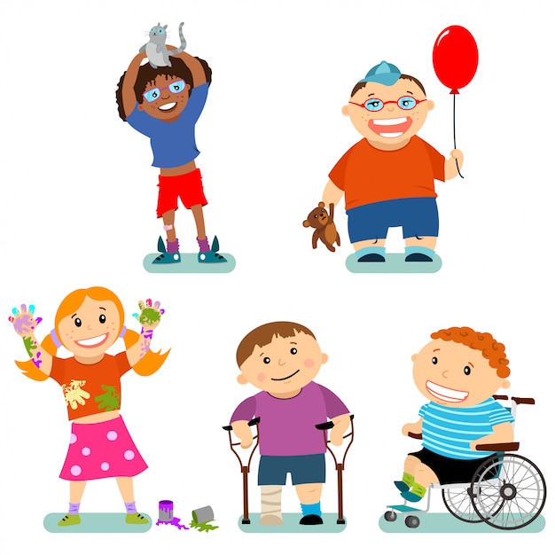 Discapacidad y necesidades especiales de niños con amigos. personajes de  dibujos animados de vector conjunto aislado | Vector Premium