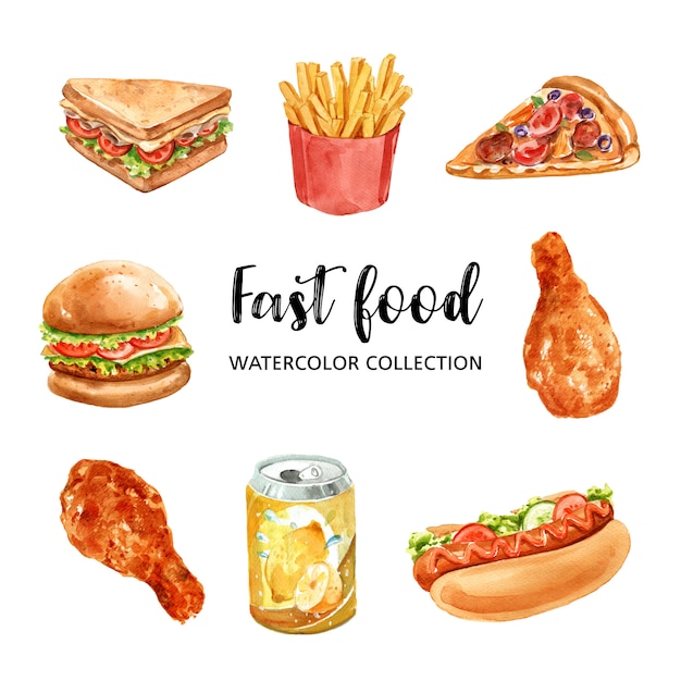 Diseño de elementos de comida rápida con acuarela vector gratuito
