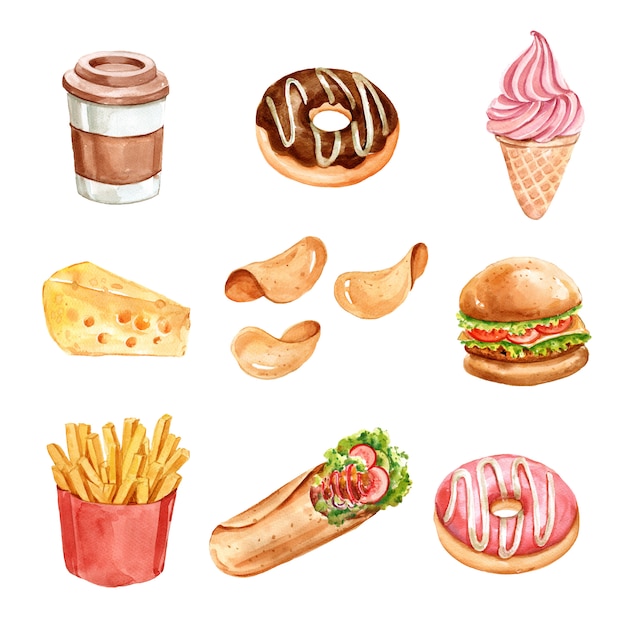 Diseño de elementos de comida rápida con acuarela vector gratuito