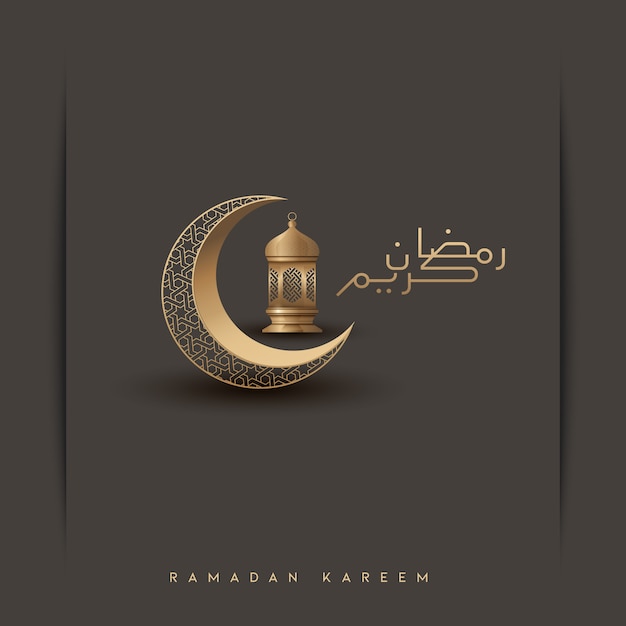 Diseño Islámico Del Fondo Del Saludo De Ramadan Kareem Con El Creciente Y La Linterna Del Oro 0549