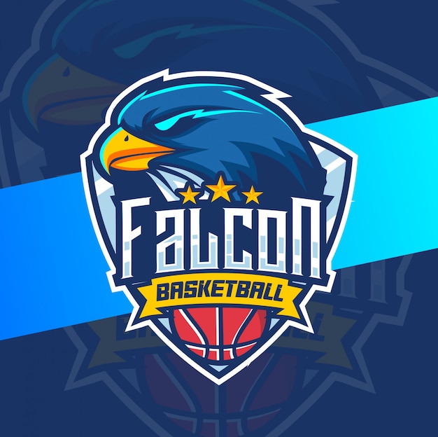 Diseño de logotipo de deporte de baloncesto de mascota de halcón