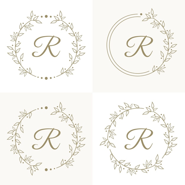 Diseno De Logotipo De Letra R De Lujo Con Plantilla De Fondo De Marco Floral Vector Premium