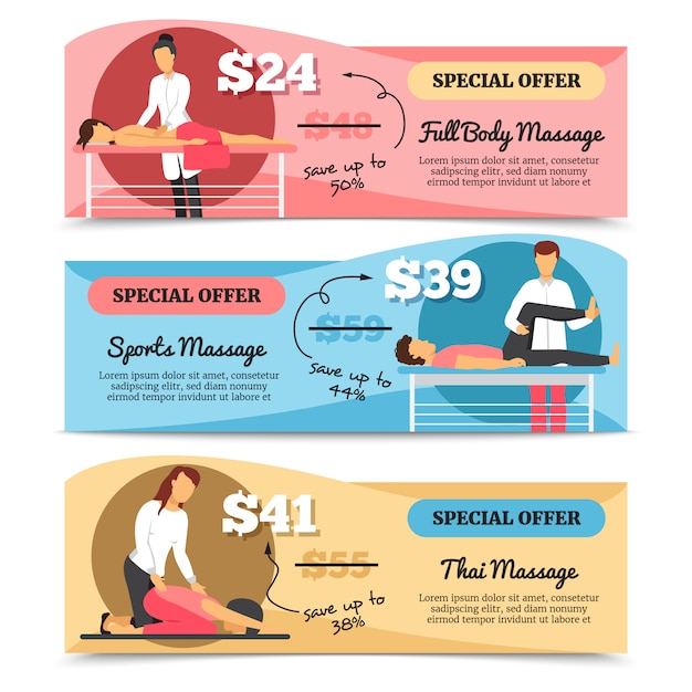 Diseño plano horizontal varios tipos de masaje y atención médica especial oferta banners aislados en wh vector gratuito