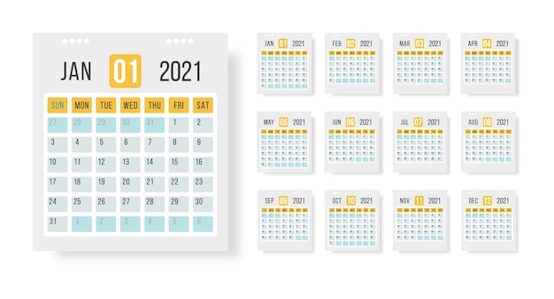 Diseno De Plantilla De Calendario 2021 Calendario Anual De 12 Meses Establecido En 2021 Sobre Fondo Blanco Para Organizacion Y Negocios Ilustracion Para Web Recordatorio Planificador Vector Premium