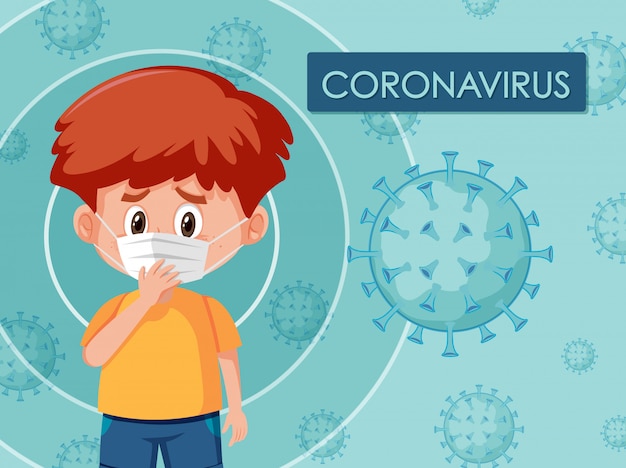 Diseño de póster de coronavirus con niño con máscara Vector Premium 