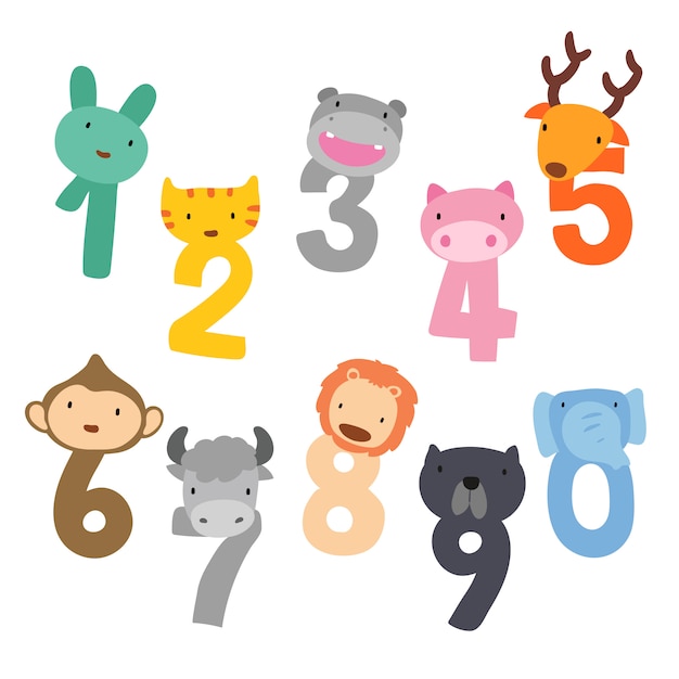 Diseno Vectorial De Numeros Arabigos Y Animales Cabeza Vector Premium