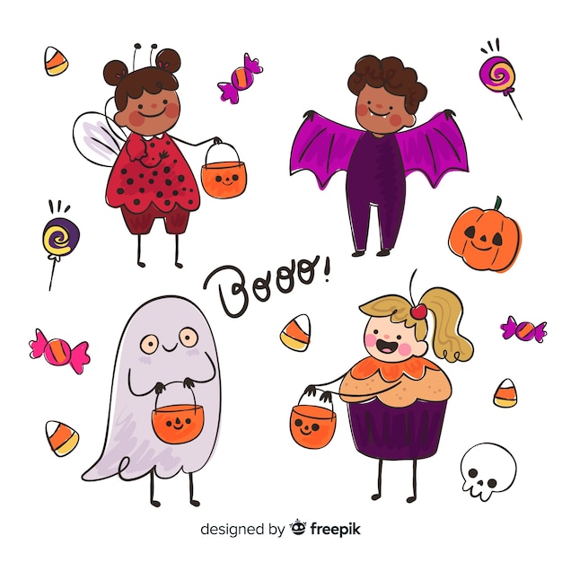 Divertido y lindo disfraz de halloween para niños con dulces vector gratuito