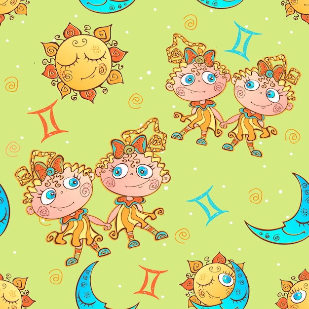 Un Divertido Patrón Infantil Sin Fisuras Signo Del Zodiaco Géminis Vector Premium 0860