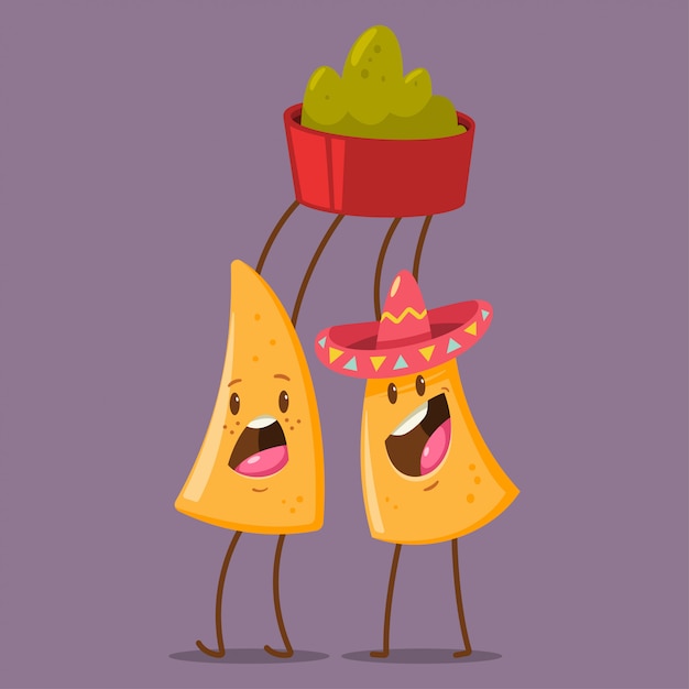 Divertido personaje de nachos en sombrero con salsa de guacamole ilustración de dibujos