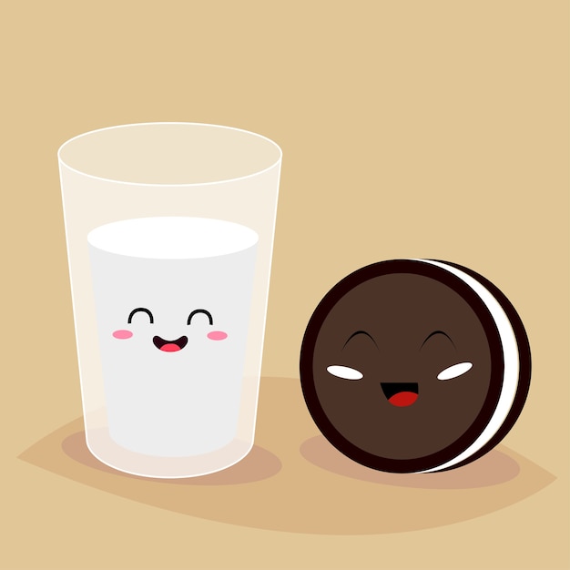 Divertidos personajes de dibujos animados de vaso de leche y galleta