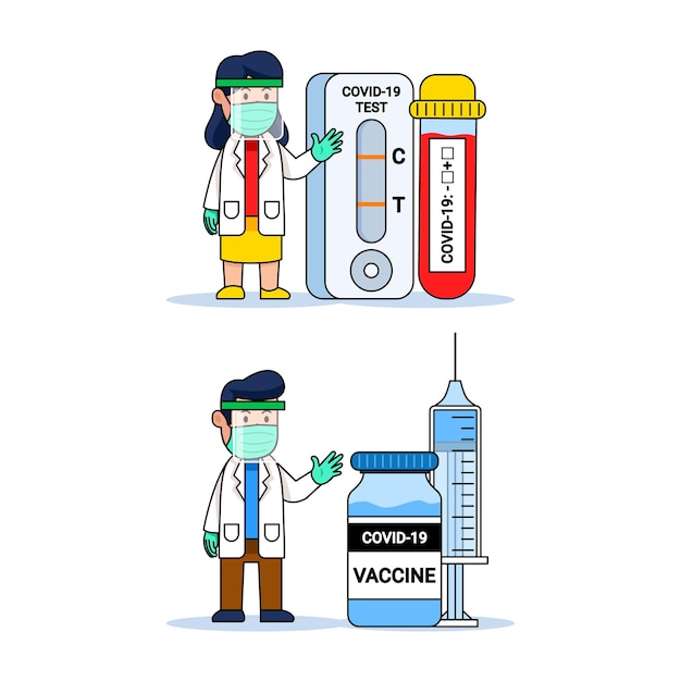 Doctor Personaje De Dibujos Animados Lindo Con Herramienta De Diagnostico Covid Y Botella De Vacuna Vector Premium