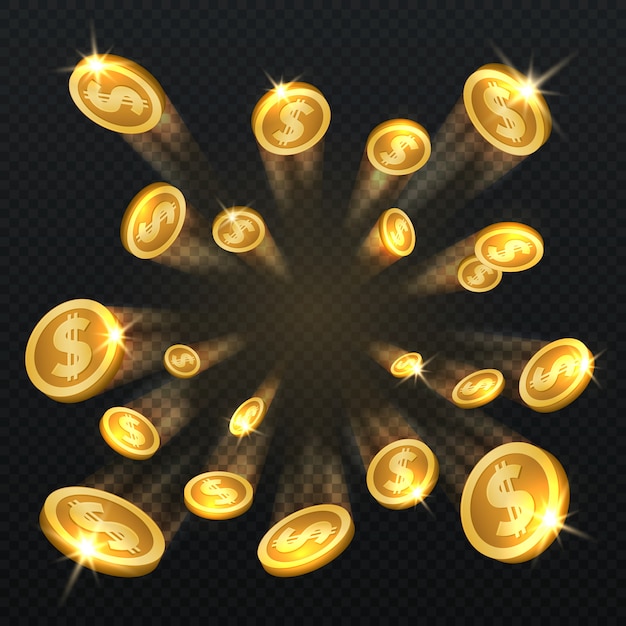 Dólar de oro monedas explosión aislada. ilustración vectorial para el concepto de finanzas y juegos de azar. moneda de oro dólar y fortuna financiera Vector Premium