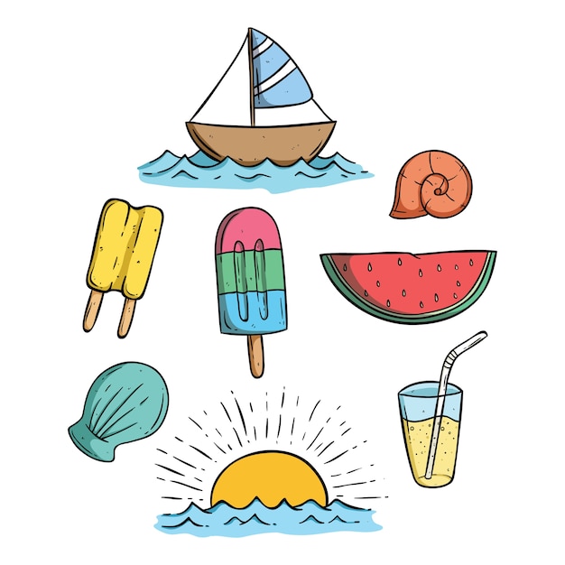 Doodle Elementos De Verano Con Color Sobre Fondo Blanco Vector Premium