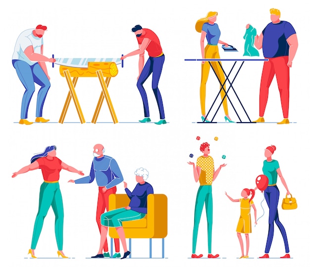 Dos Hombres Aserrando Lena Mujer Planchando Payaso Vector Premium