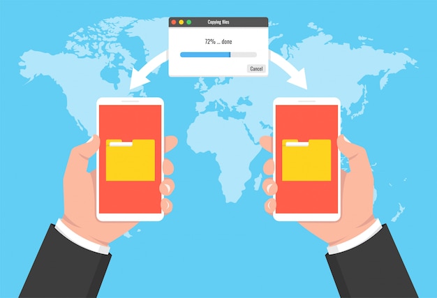Dos manos sosteniendo teléfonos y documentos transferidos Vector Premium