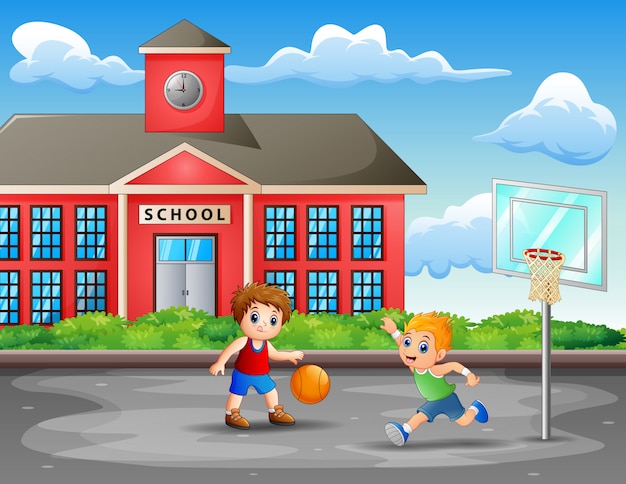 Dos Niños Jugando Baloncesto En La Cancha Vector Premium