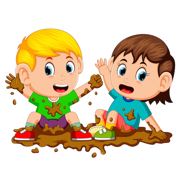 Dos niños jugando en el barro | Vector Premium