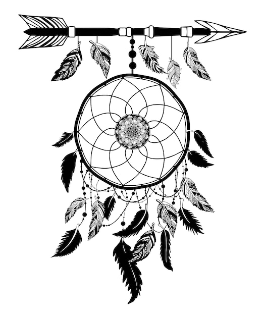 Dream Catcher Con Flecha Y Plumas Vector Dibujado A Mano Vector Premium