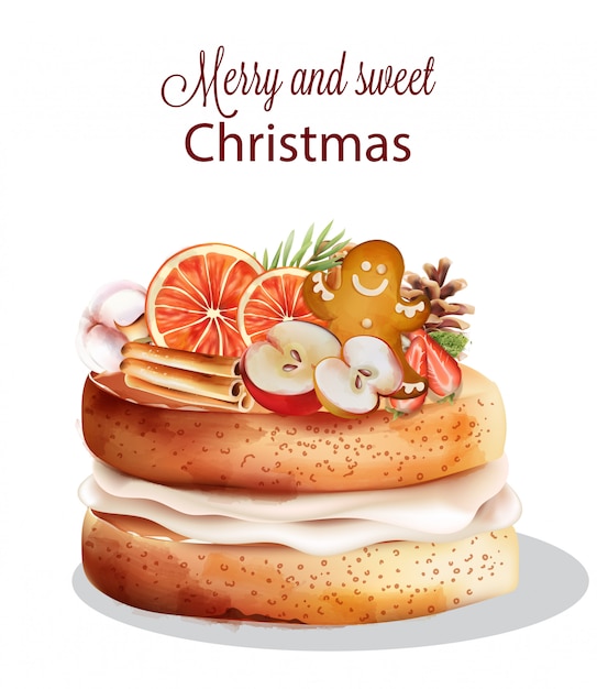 Dulce pastel de navidad con adornos navideños Vector Premium