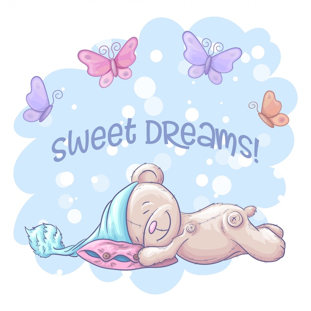 Dulces sueños con lindo oso durmiendo y mariposas. estilo de ...