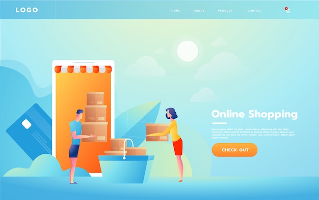 E-commerce o concepto de compras en línea con las manos que alcanzan desde una pantalla de computadora sosteniendo un producto de compras. Vector Premium