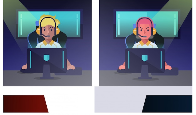E-sport gamer jugando en videojuego competitivo. Vector Premium