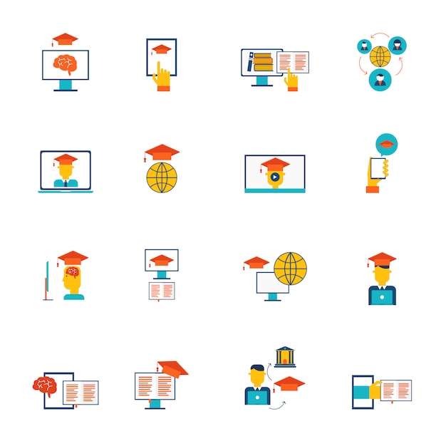 La educación en línea e-learning a distancia y los iconos de graduación conjunto plano aislado ilustración vectorial vector gratuito