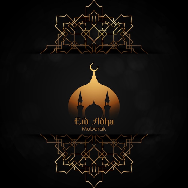 Eid adha mubarak hermosa tarjeta de felicitación oro negro Vector Premium