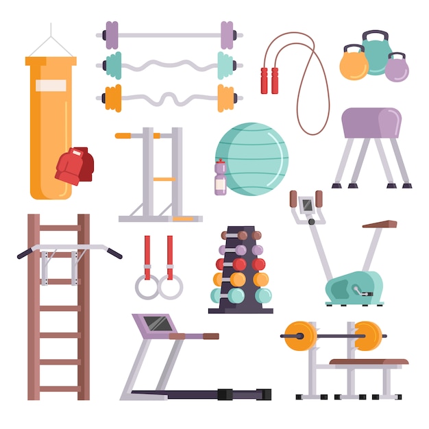Ejemplo determinado del concepto del plano del entrenamiento del equipo del ejercicio del gimnasio del deporte de la aptitud. Vector Premium