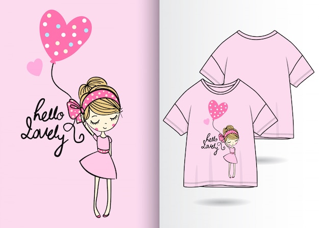 Ejemplo lindo dibujado mano de la muchacha con diseño de la camiseta Vector Premium
