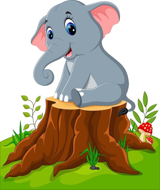 Elefante Lindo Bebé De Dibujos Animados En Tocón De árbol Vector Premium