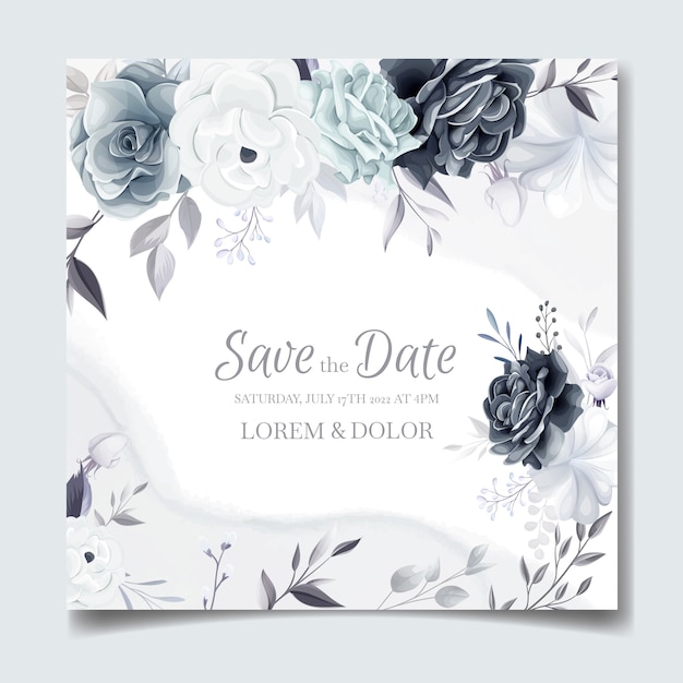 Elegante Plantilla De Tarjeta De Invitacion De Boda Floral Gris Con Hojas De Plata Y Marco De Acuarela Vector Premium