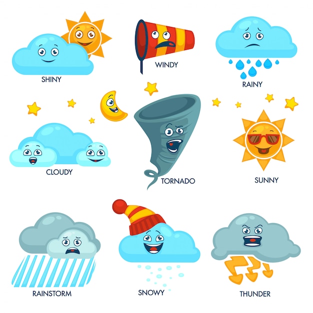 Elementos de la previsión del tiempo con caras y signos establecidos. Vector Premium