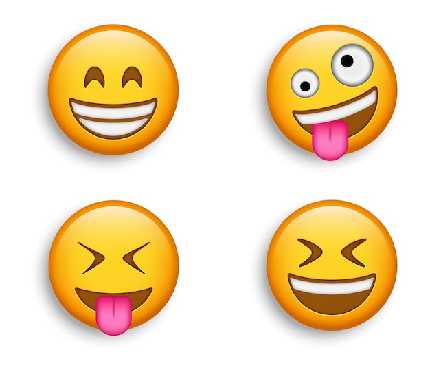 Emojis Populares Emoji Radiante Con Ojos Sonrientes Y Cara De Loco Loco Con La Lengua Fuera Emoticon Entrecerrado Y Sonriente Vector Premium