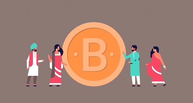Empresarios indios minería bitcoin crypto moneda banner Vector Premium