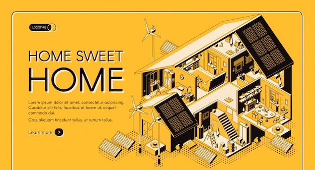 Energía autosuficiente casa isométrica vector web banner, landing page. vector gratuito