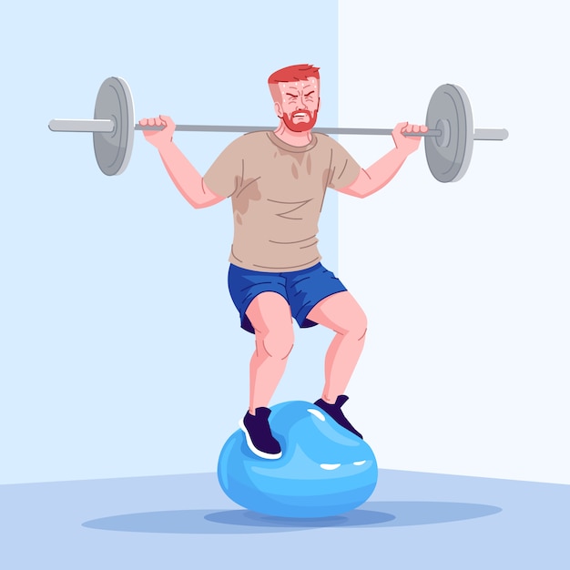 Entrenamiento Fisico Dependencia Ilustracion Plana Adiccion Al Entrenamiento Adicto Al Gimnasio Cansado Haciendo Ejercicio Levantador De Pesas Obsesionado Atleta Equilibrado En La Pelota Con Pesas Personaje De Dibujos Animados Vector Premium