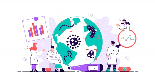 Epidemiología. riesgo para la salud riesgo propagación laboratorio. pequeñas bacterias brote de pandemia de investigación. | Vector Premium