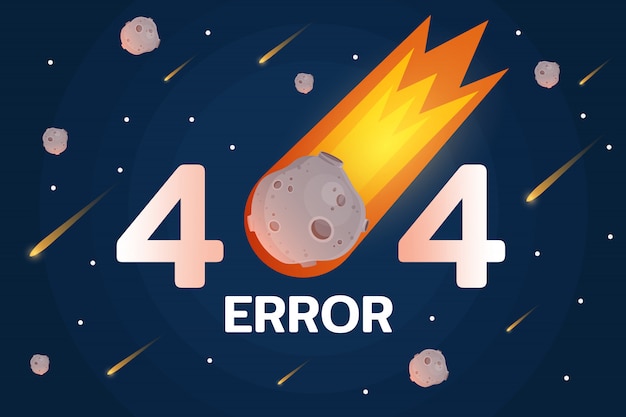 Error 404 con meteorito, estrellas y meteort en el espacio. Vector Premium