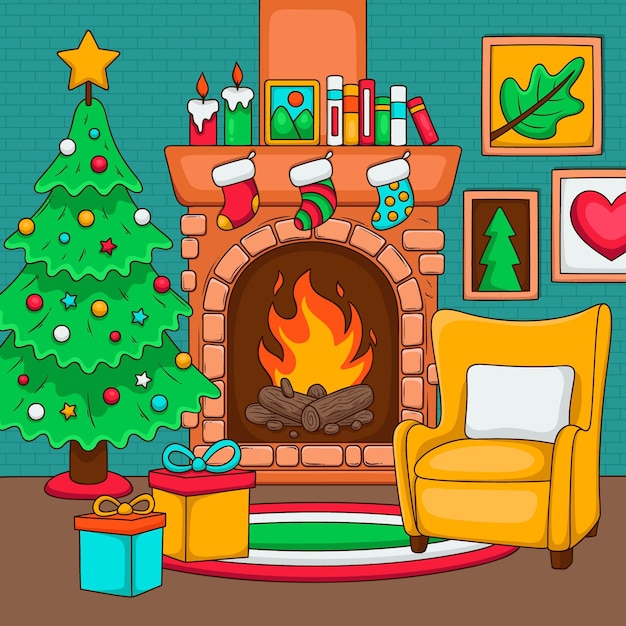 Escena De Chimenea Navide A Dibujada A Mano Vector Gratis