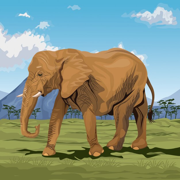 Escena Colorida Paisaje Africano Con Elefante Caminando Vector Premium