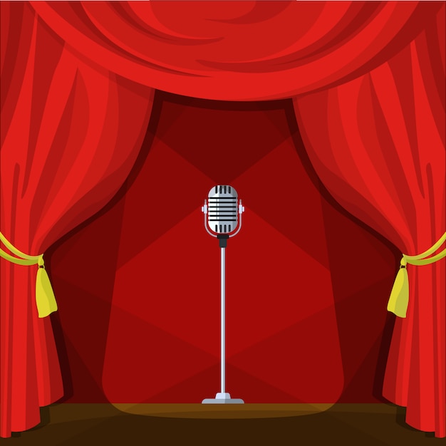 Escena con cortinas rojas y micrófono retro. ilustración del vector en estilo de dibujos animados. Vector Premium