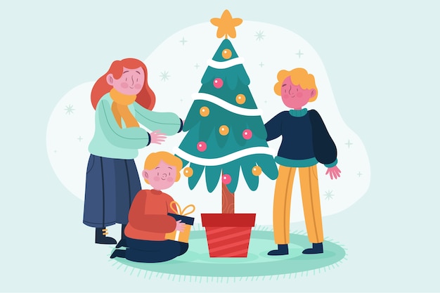 Escena familiar de navidad con árbol vector gratuito