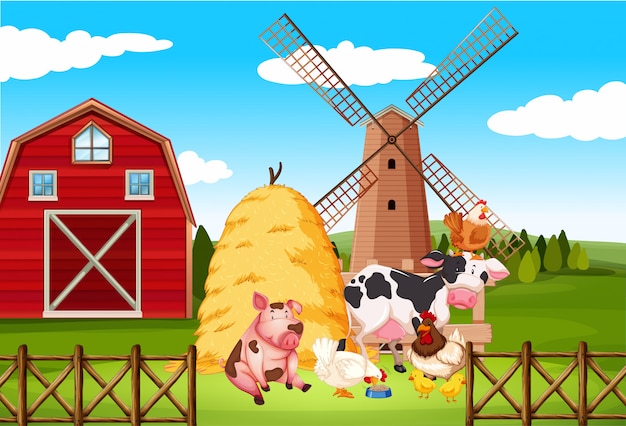 Escena De Granja Con Muchos Animales En La Granja Vector Gratis