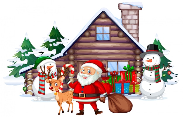 Escena De Navidad Con Santa Y Muneco De Nieve Vector Gratis