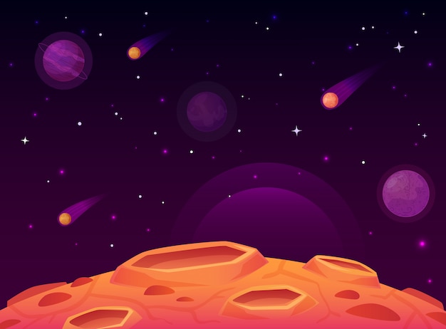 Espacio de superficie de asteroides. planeta con superficie de cráteres, paisaje de planetas espaciales y cráter de cometa ilustración de dibujos animados Vector Premium