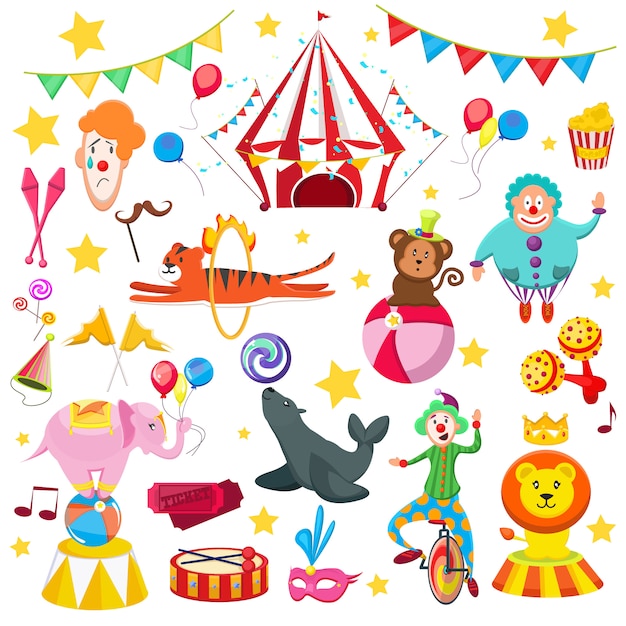 Establecer imagen colorida de circo. el tigre león sella con la pelota, el tigre cuelga a través de las llamas, los payasos, las bolas, los monos, los sombreros divertidos, los dulces deliciosos, las banderas, los boletos, las palomitas de maíz. Vector Premium