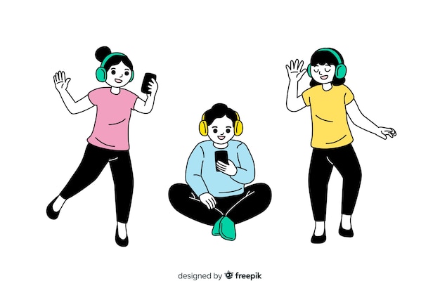 Estilo coreano dibujando personajes jóvenes escuchando música vector gratuito