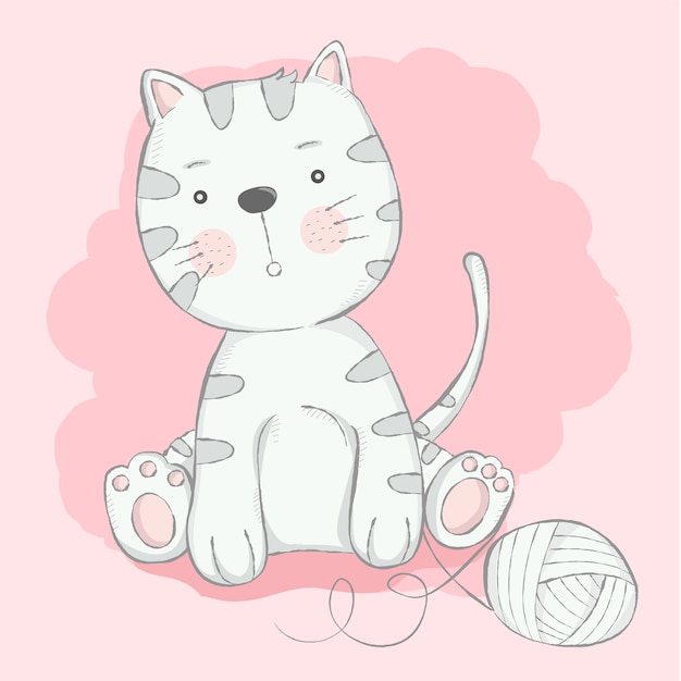 Estilo de dibujado a mano de dibujos animados lindo bebé gato Vector